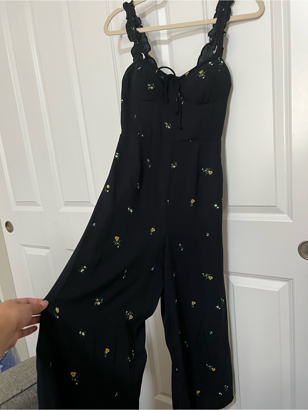 Black Floral Wide-Leg Jumpsuit with Braided Straps